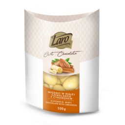 Migdały w czekoladzie białej z cynamonem w opakowaniu typu łódeczka