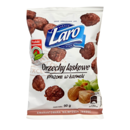 Orzechy laskowe prażone w karmelu w białym opakowaniu