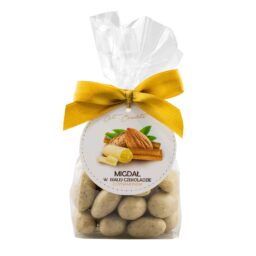 Migdały w czekoladzie białej z cynamonem w foliowej saszetce z kokardą i bilecikiem