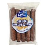 Chrupki kukurydziane w polewie mlecznej w przezroczystym opakowaniu z logo