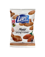Migdały prażone w karmelu w białym opakowaniu ze zdjęciem produktu