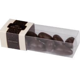 Migdały karmelizowane w czekoladzie deserowej w przezroczystym pudełeczku z minimalistyczną etykietą