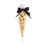 Migdały w czekoladzie białej z kokosem w foliowym rożku z kokardą