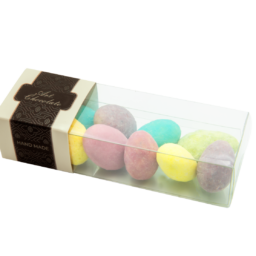 Migdały w czekoladzie białej kolorowe w przezroczystym pudełeczku z owijką