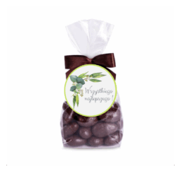 Migdały w czekoladzie deserowej w foliowej saszetce z kokardą i bilecikiem