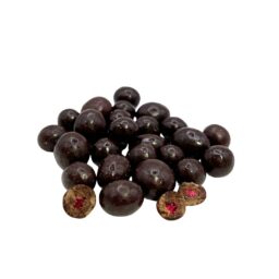 Maliny liofilizowane w czekoladzie deserowej w opakowaniu strunowym z okienkiem